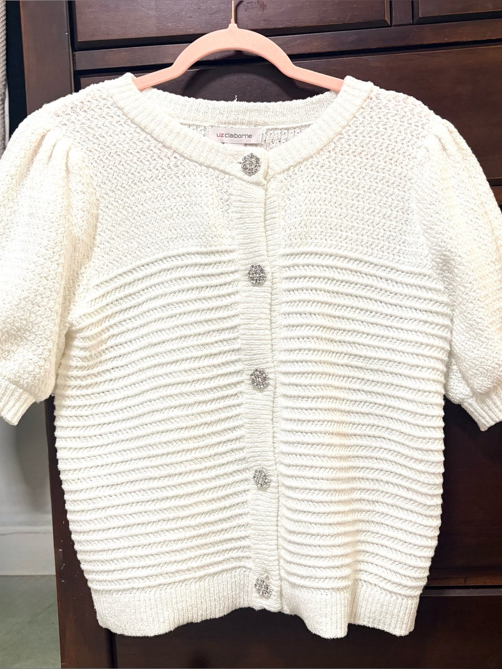 Liz Claiborne White Textured Short-Sleeve Cardigan with Rhinestone Buttons